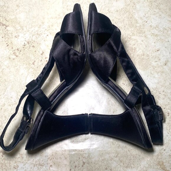 Black Satin Open-Toe Heels With Bow Detail & Adjustable Strap - 3-Inch Heel - Picture 5 of 9